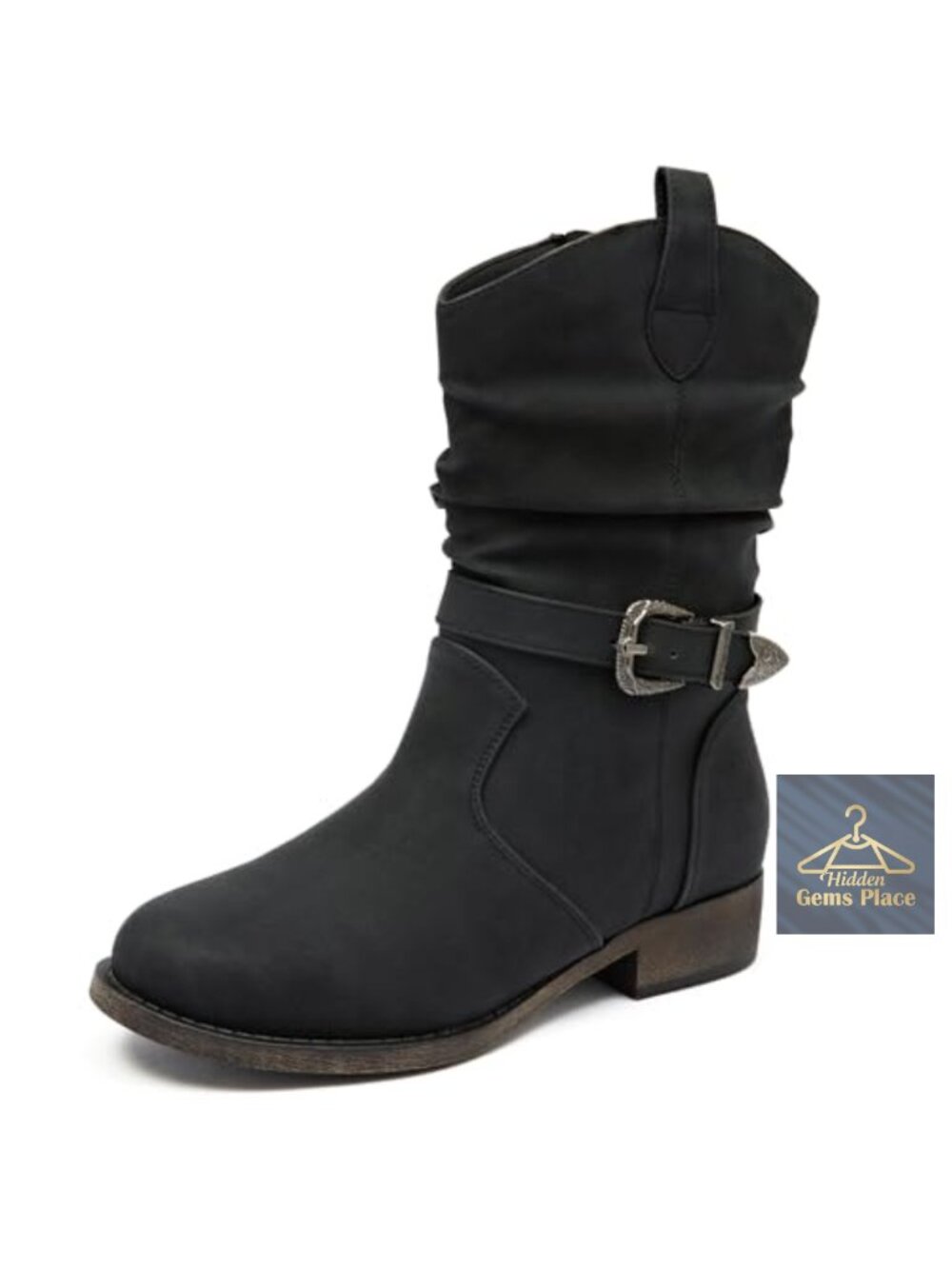Women's Low Heel Mid-Calf Cowboy Zip Booties Faux Leather